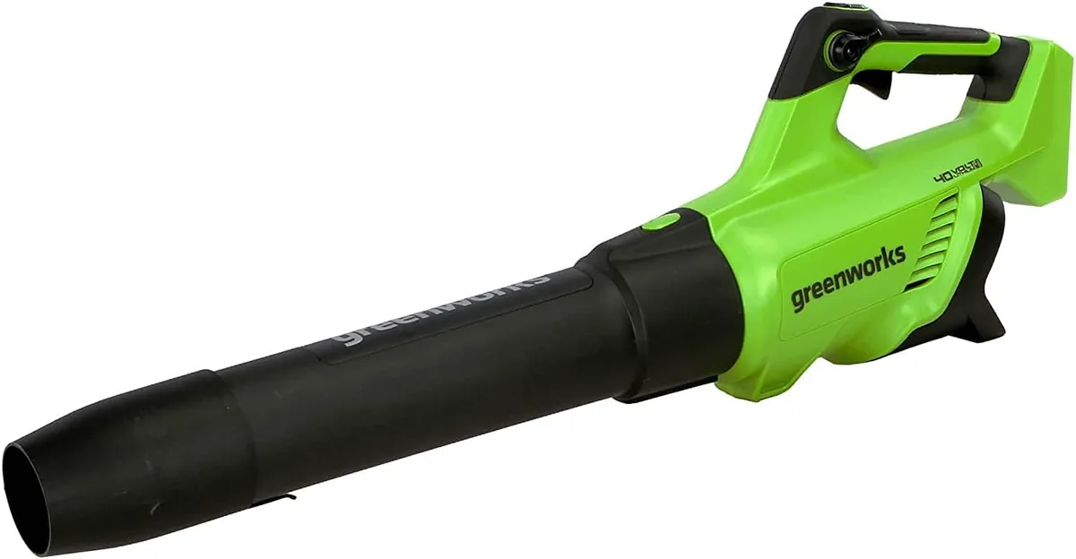 Greenworks 40V BLF349 leaf blower in bright green with a black nozzle, shown without a battery
