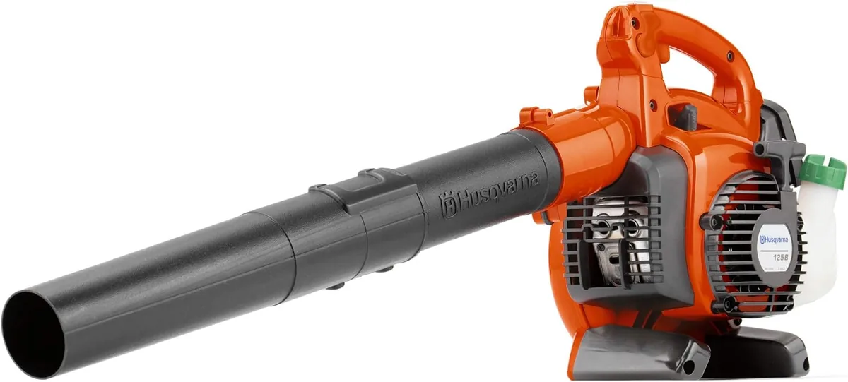 Husqvarna 125B gas handheld leaf blower in orange and gray with a long gray nozzle
