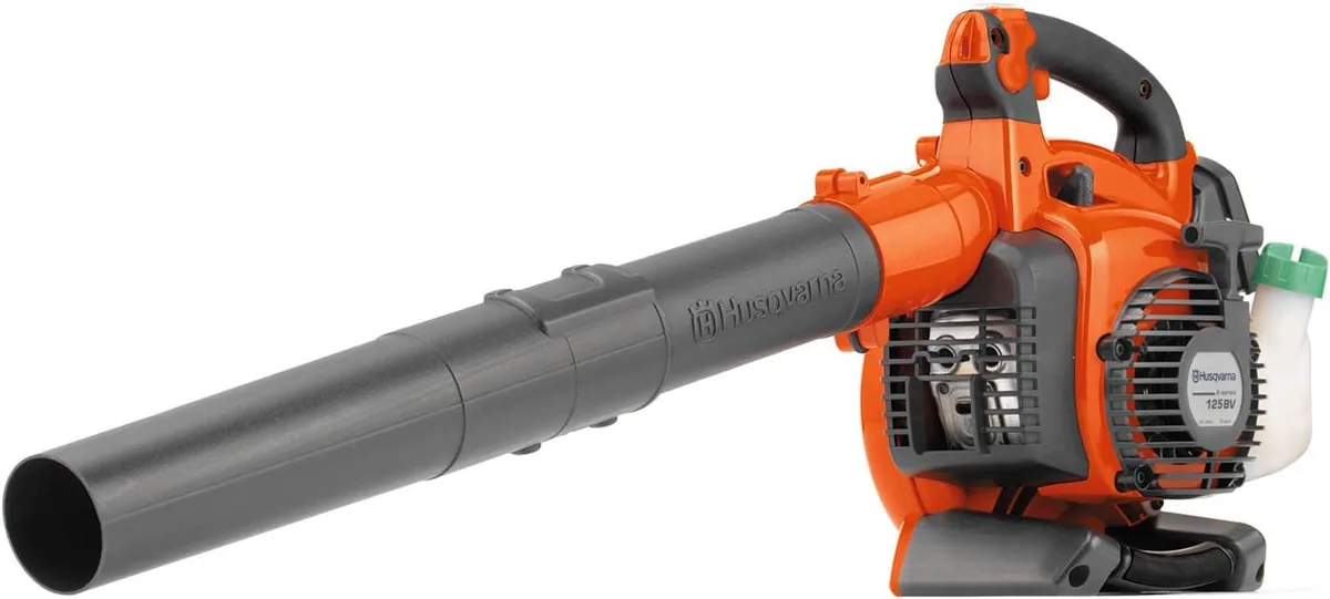 Husqvarna 125BVx gas handheld blower vacuum with orange engine housing and gray tube