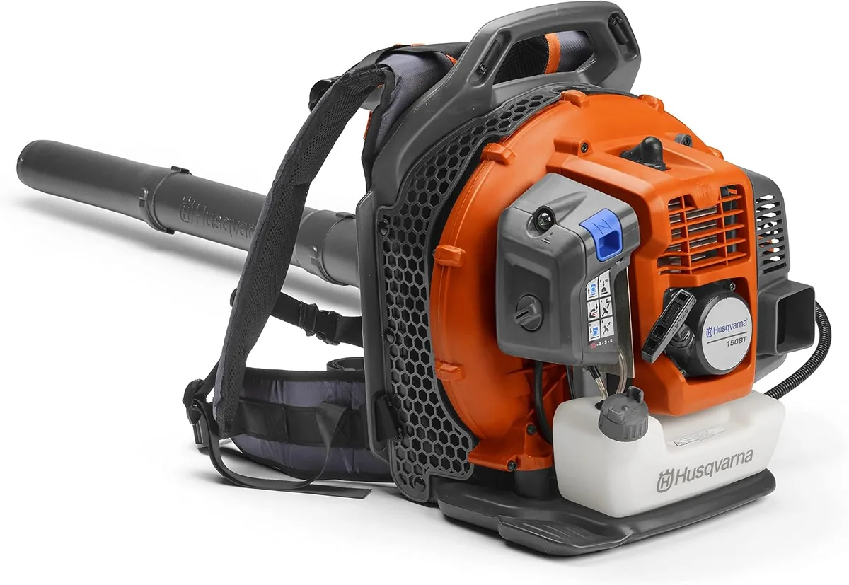 Husqvarna 150BT gas backpack leaf blower in orange and grey with harness and long nozzle