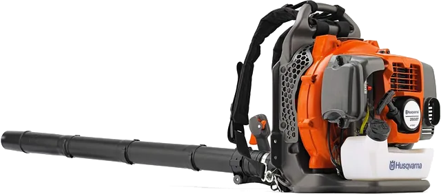 Husqvarna 350BT orange and grey backpack leaf blower with a long black tube, shown from the side