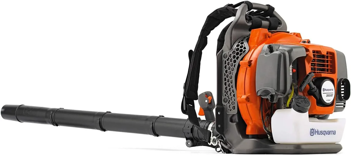 Husqvarna 350BT orange and grey backpack leaf blower with a long black tube, shown from the side