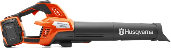 Husqvarna 350iB Leaf Blaster battery blower in orange and grey, side view with the battery fitted