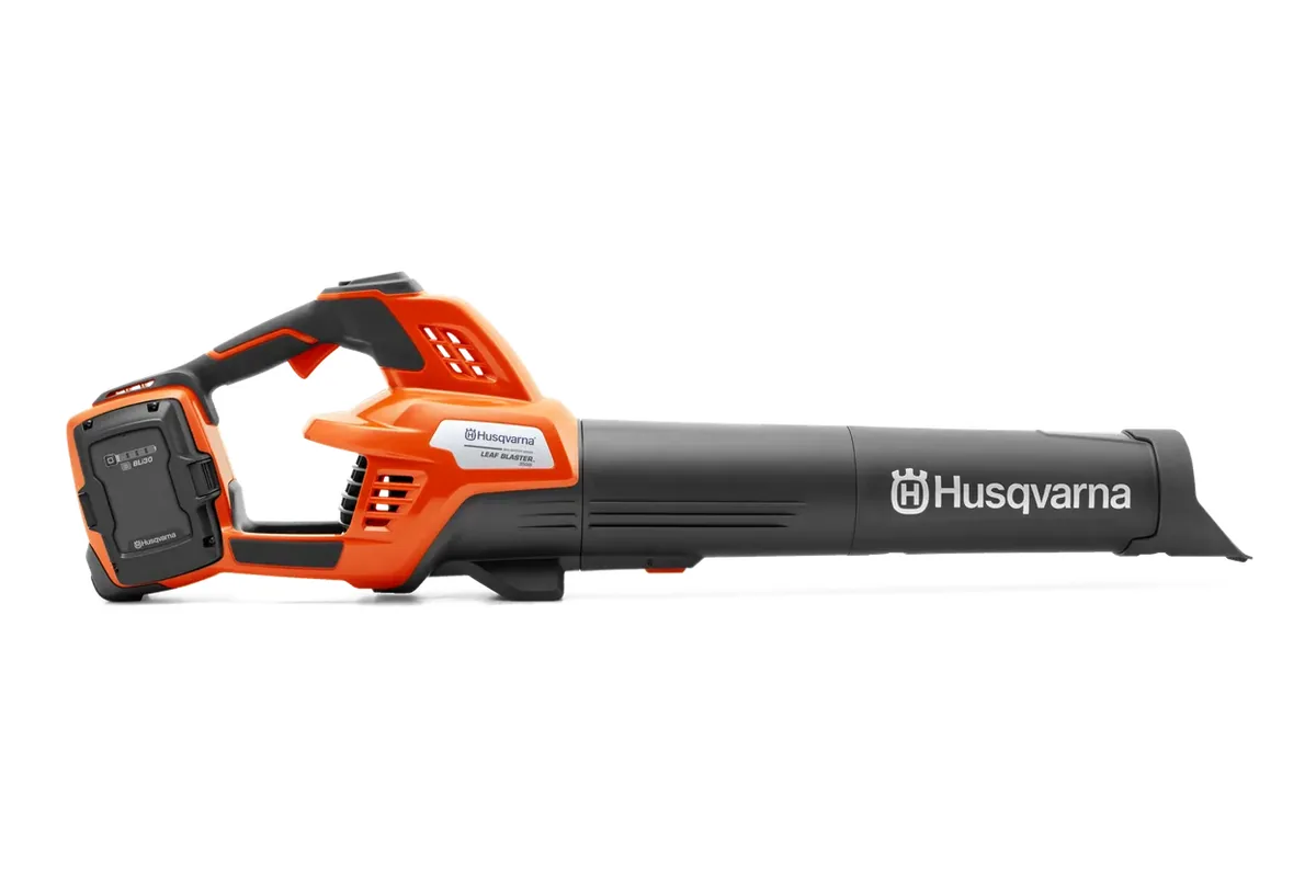 Husqvarna 350iB Leaf Blaster battery blower in orange and grey, side view with the battery fitted