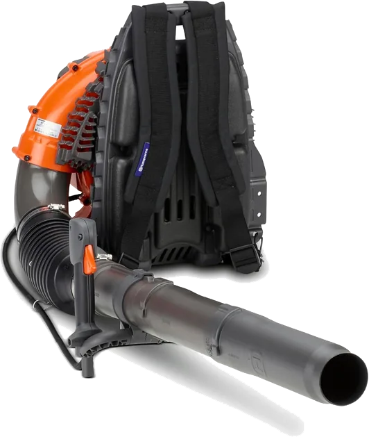 Husqvarna 360BT backpack leaf blower seen from the back with padded shoulder straps and a black blower tube