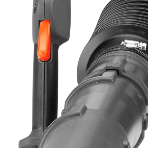 Husqvarna blower tube handle with orange throttle trigger above the flexible hose and tube clamps