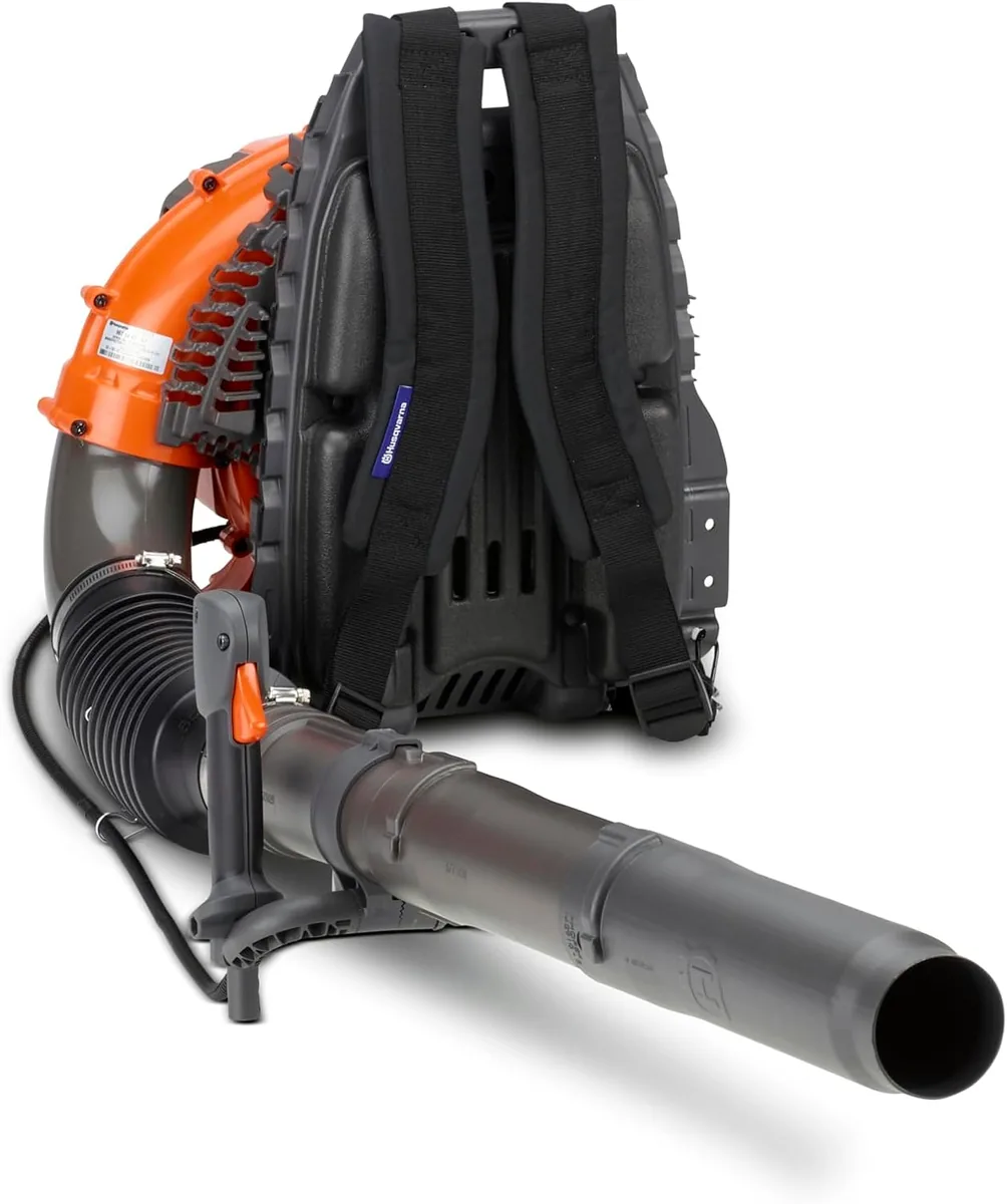 Husqvarna 360BT backpack leaf blower seen from the back with padded shoulder straps and a black blower tube