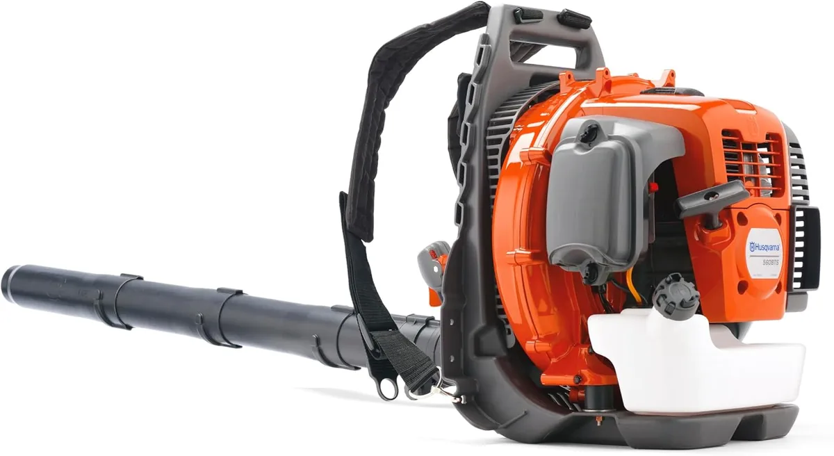 Husqvarna 560BTS gas backpack leaf blower with orange engine cover and black blower tube