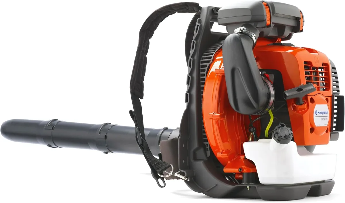 Husqvarna 570BTS gas backpack leaf blower with orange engine cover and long black tube