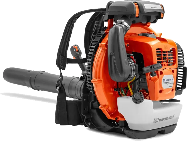 Husqvarna 580BTS gas backpack leaf blower with orange engine cover and black harness