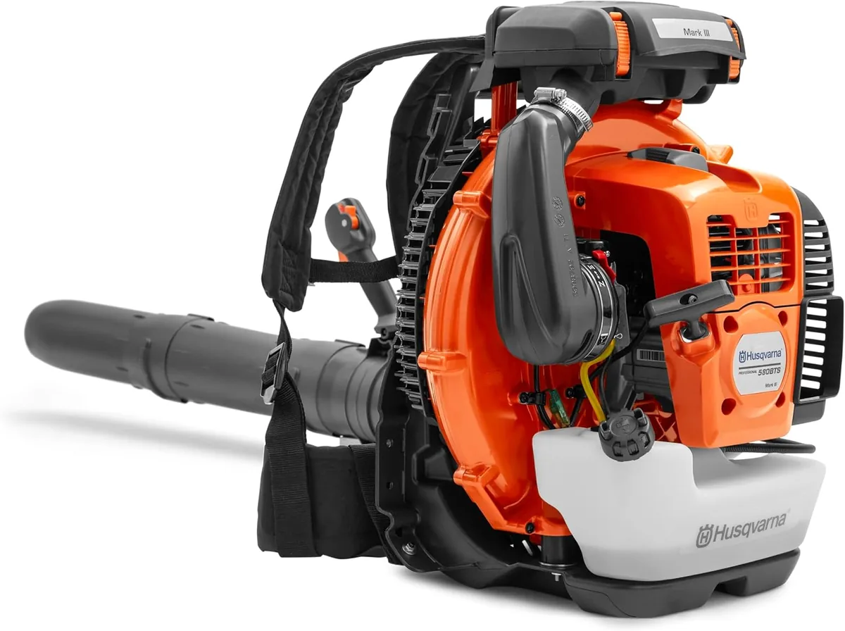 Husqvarna 580BTS gas backpack leaf blower with orange engine cover and black harness