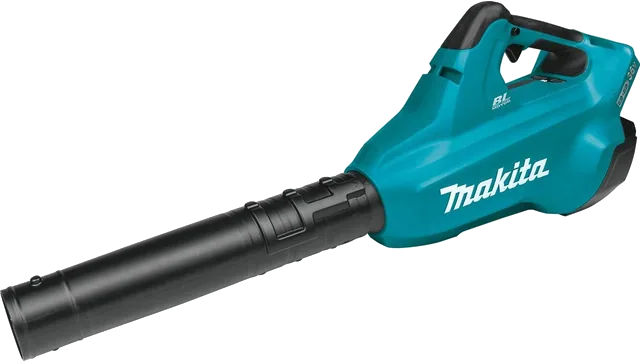 Makita XBU02Z 18V X2 teal brushless blower with a long black nozzle, tool only, shown without batteries