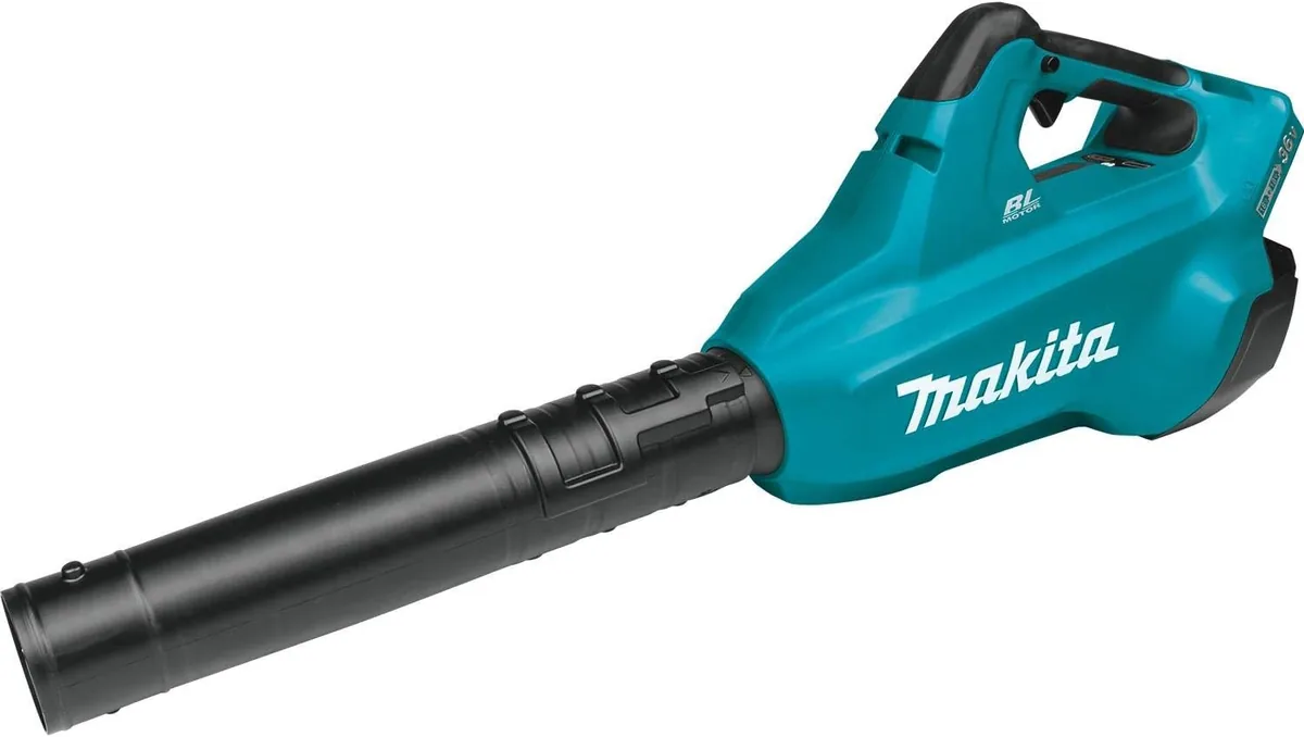 Makita XBU02Z 18V X2 teal brushless blower with a long black nozzle, tool only, shown without batteries