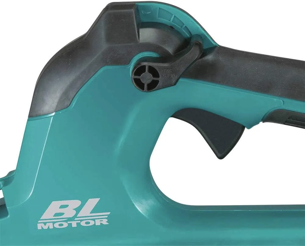 Close view of the Makita XBU03Z handle with its trigger, lock lever and BL Motor badge