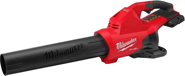 Milwaukee M18 FUEL 2824-20 dual battery leaf blower in red with a long black nozzle