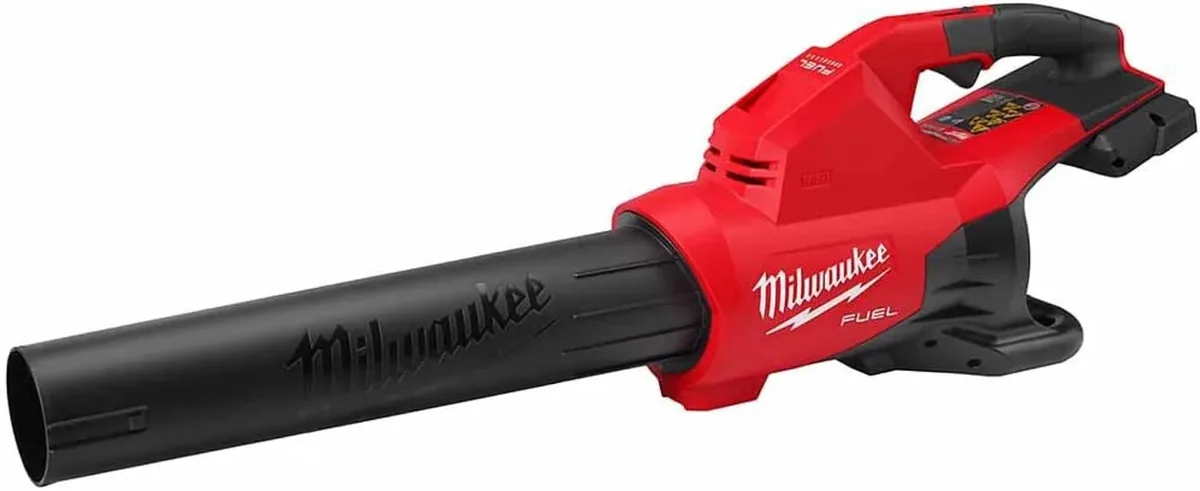 Milwaukee M18 FUEL 2824-20 dual battery leaf blower in red with a long black nozzle