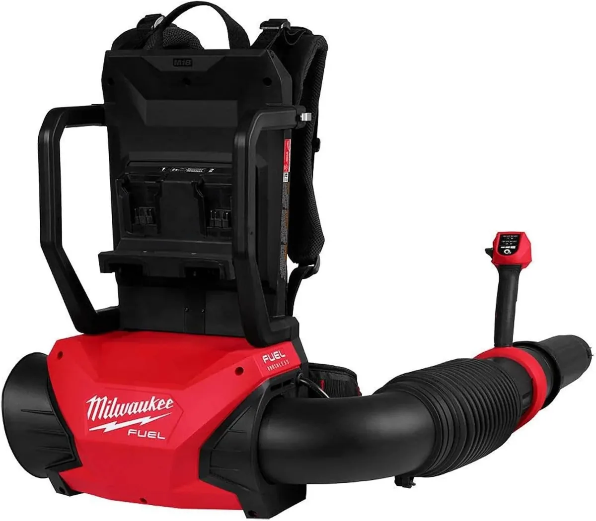 Milwaukee M18 FUEL 3009-20 backpack blower in red and black with a curved black nozzle