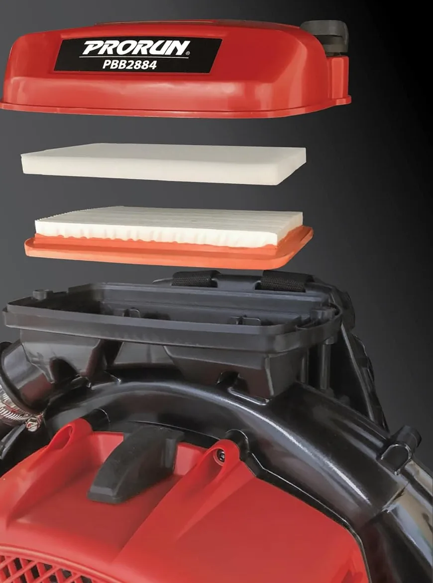 Exploded view of the PRORUN PBB2884 air box with red cover, foam pre-filter and pleated paper element