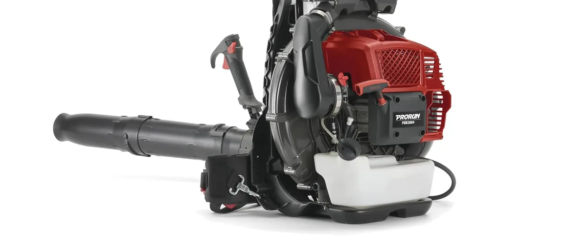 PRORUN PBB2884 red and black gas backpack blower with a long tube, throttle handle and fuel tank