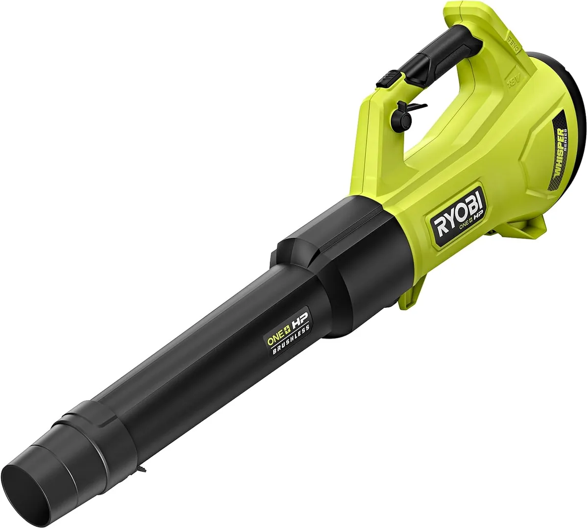 RYOBI 18V ONE+ HP Whisper Series 450 CFM brushless blower in lime green with a black nozzle