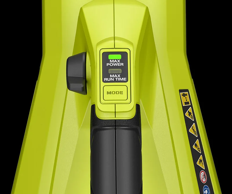 Mode button on top of the RYOBI RY40HPLB01 blower with Max Power and Max Run Time lights