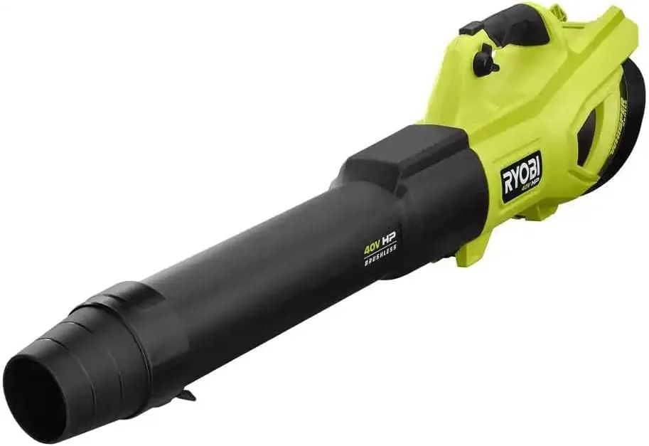 RYOBI 40V HP Whisper Series 650 CFM blower in lime green with a long black nozzle