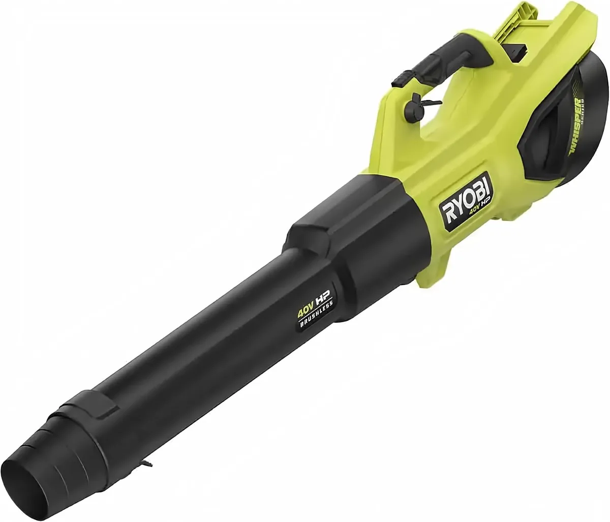 Ryobi 40V HP Whisper Series 730 CFM cordless leaf blower in green with a black nozzle
