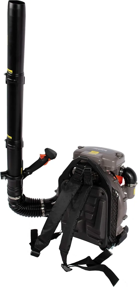 Schröder SR-6400L backpack blower from behind with padded shoulder straps, tube mounted throttle and black tube