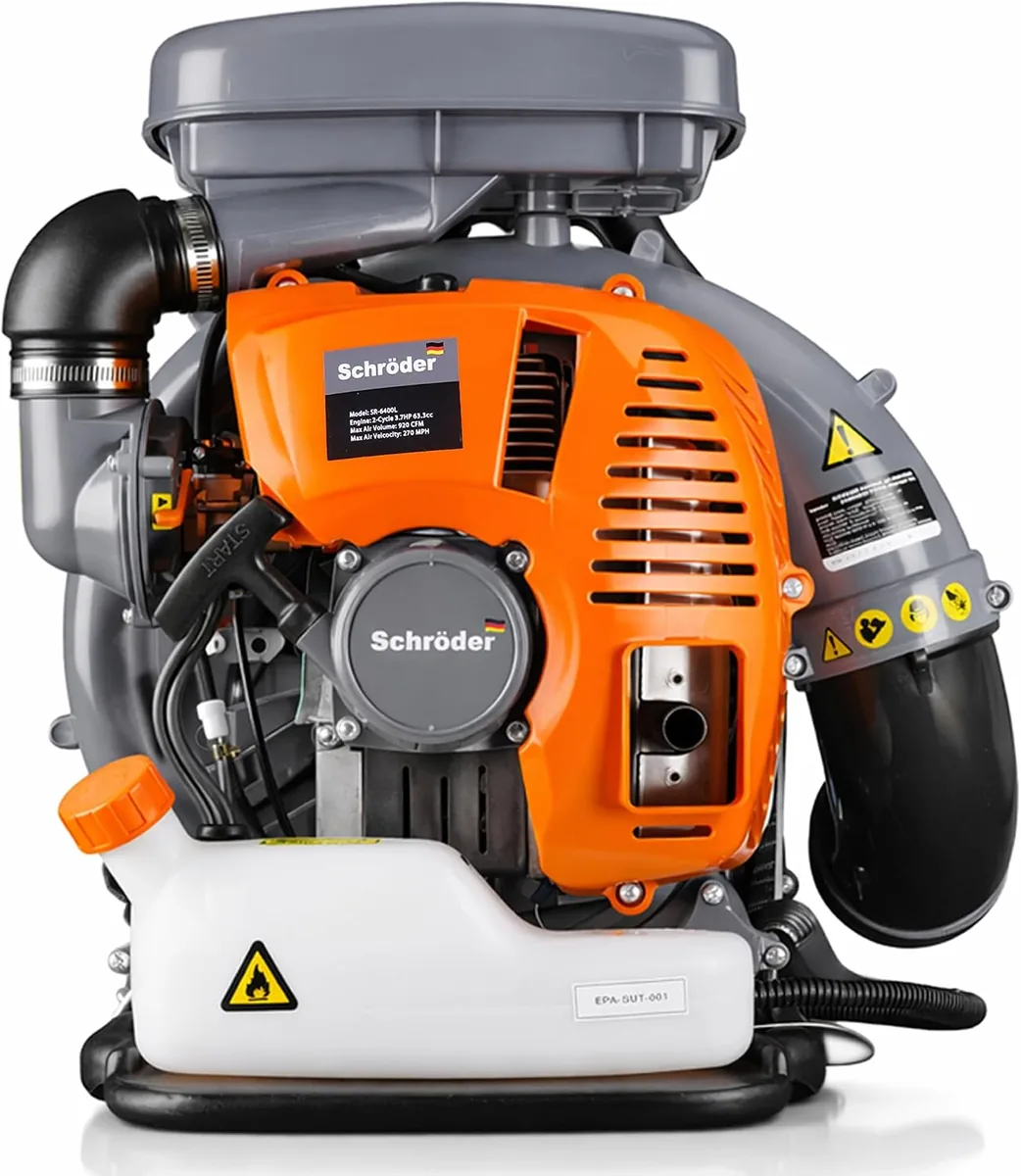 Schröder SR-6400L backpack leaf blower in orange and grey, front view with fuel tank and recoil starter
