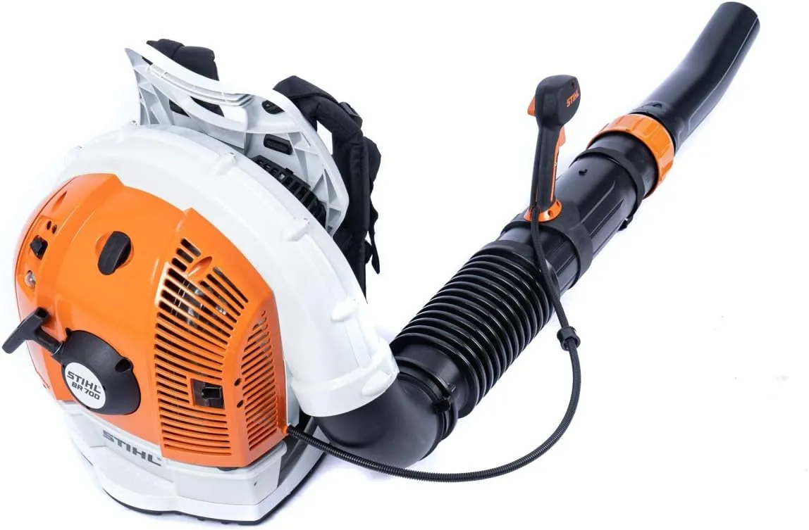 Stihl BR 700 gas backpack blower with orange and white housing, black harness and a long black tube
