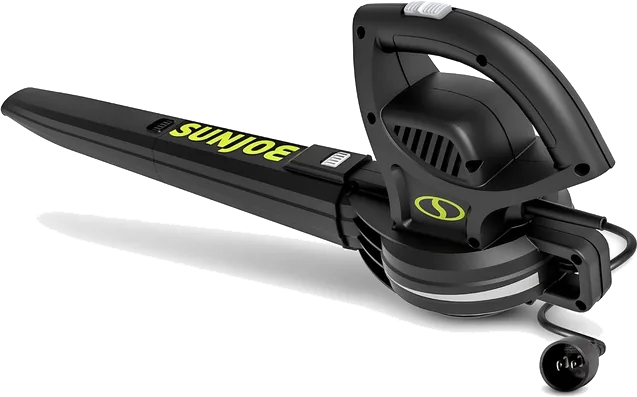 Sun Joe SBJ597E corded handheld leaf blower in black with a green logo on the nozzle