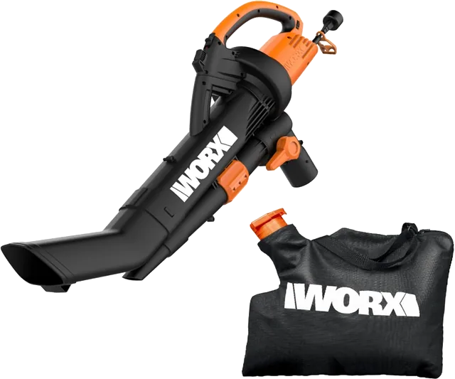 WORX Trivac WG509 3-in-1 corded blower in black and orange with its black collection bag
