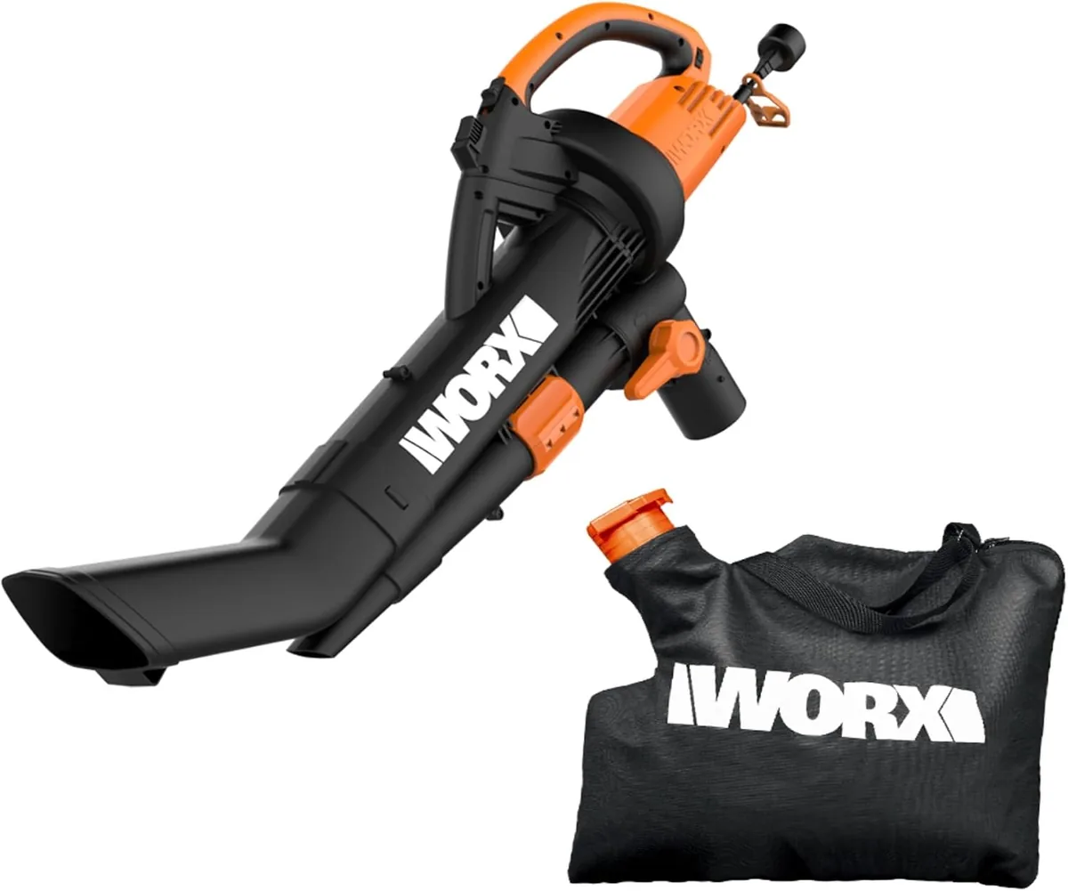 WORX Trivac WG509 3-in-1 corded blower in black and orange with its black collection bag