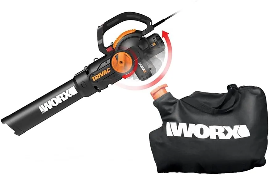 WORX Trivac WG512 3-in-1 corded blower in black and orange next to its black collection bag