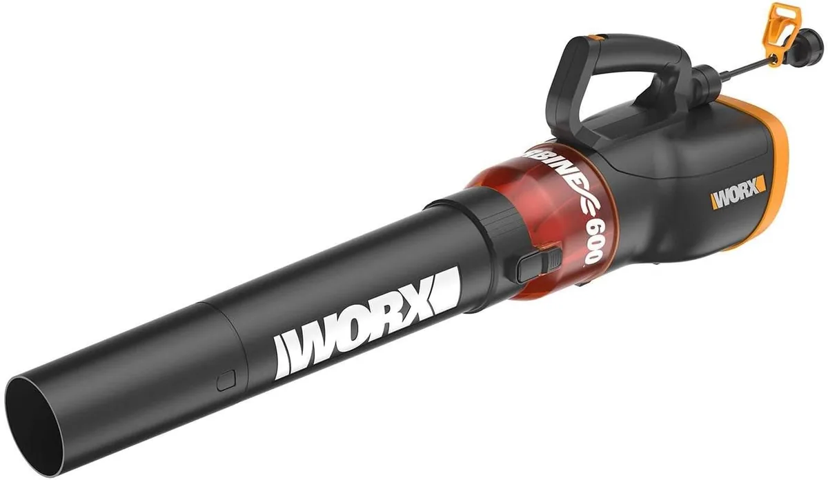 WORX WG520 Turbine corded leaf blower with orange and black housing on a white background