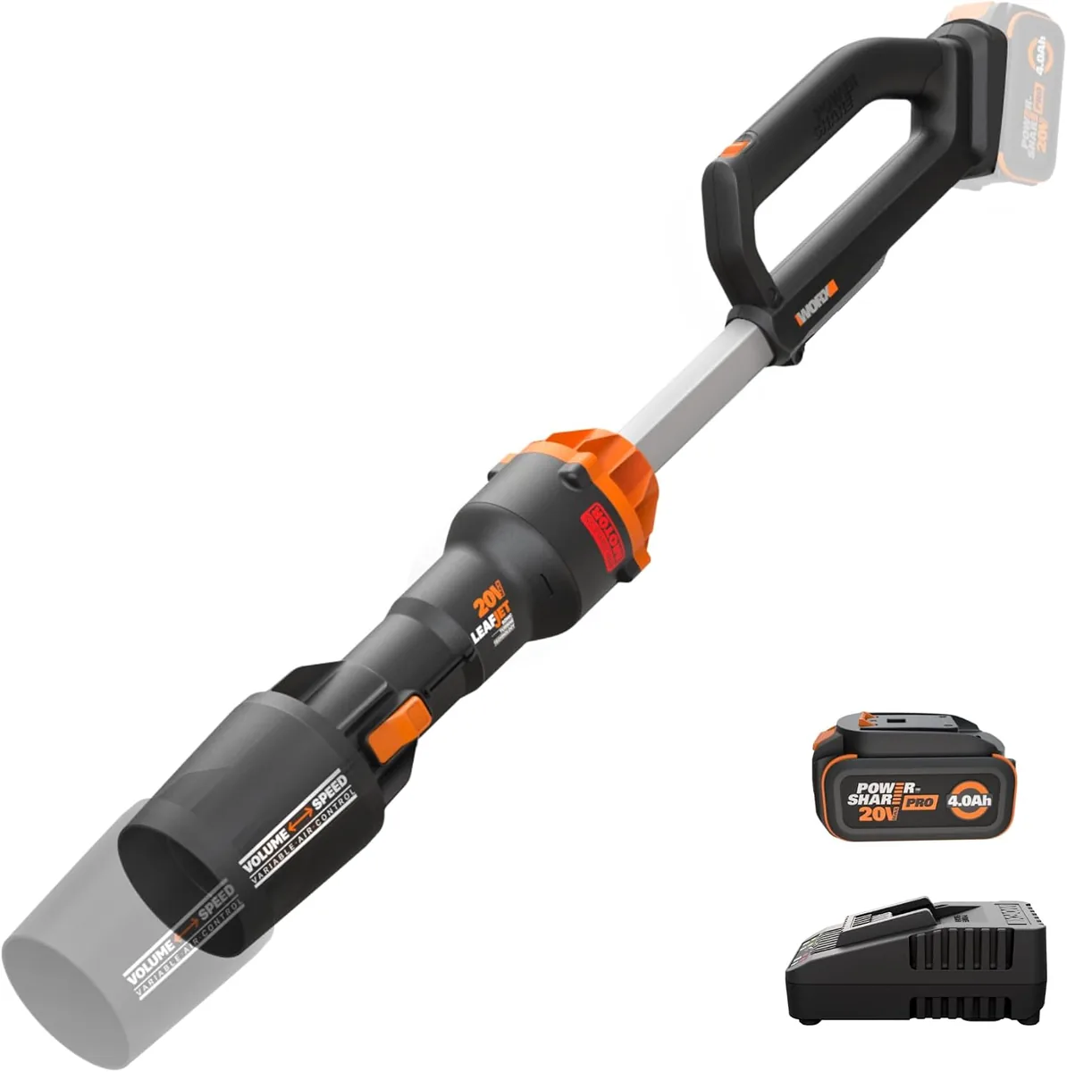 WORX WG543 20V cordless leaf blower with extended tube, battery and charger on a white background